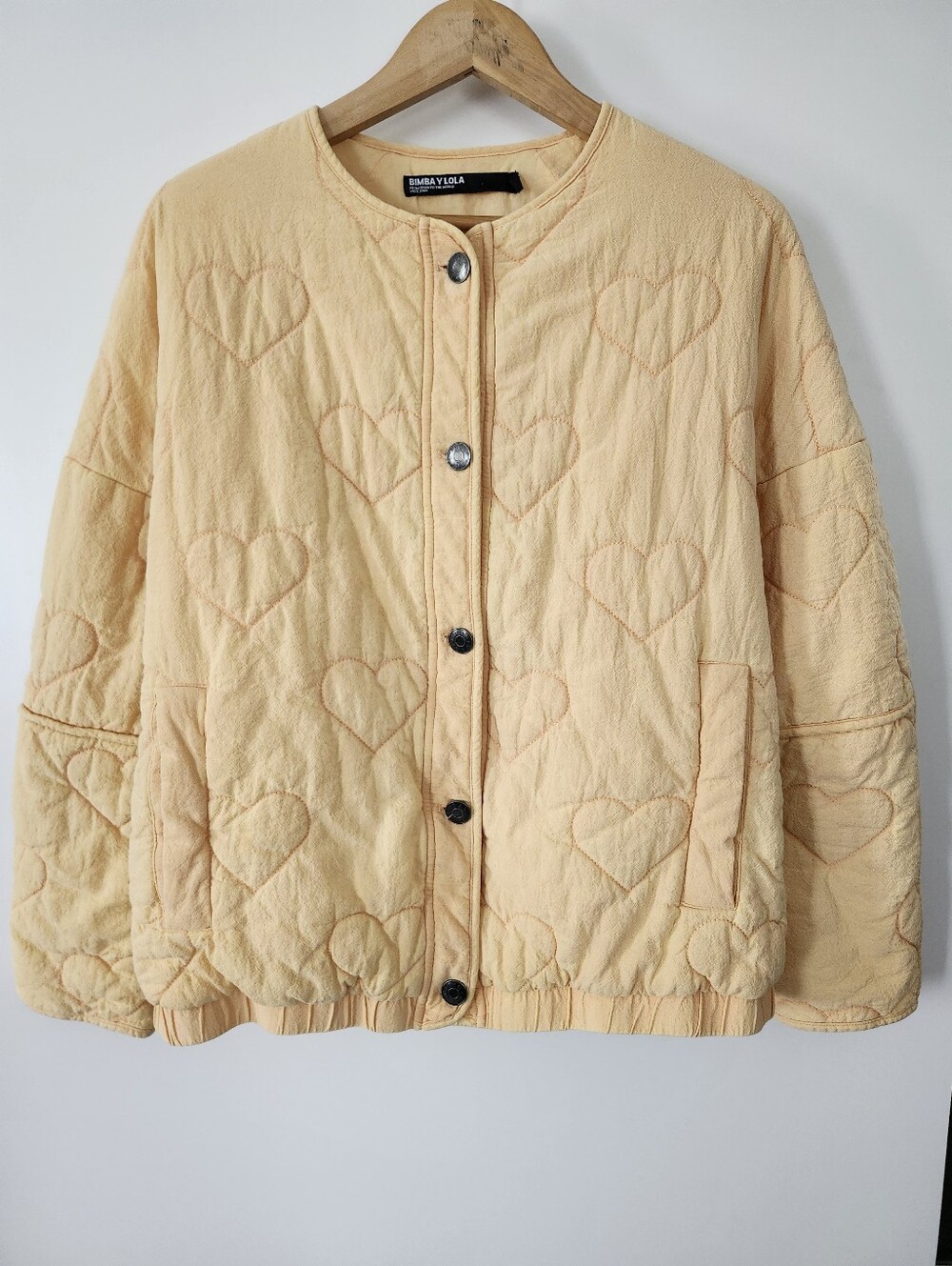 BIMBA Y LOLA Heart Quilted Coquette Grandmacore Cozy Jacket Pastel Yellow M/L